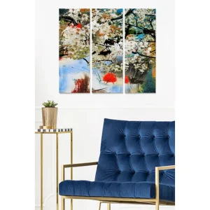 Canvastavla i trä 3-delar 50x70 cm - Blomstrande träd med vita blommor och färgglada inslag Vit / Blå / Röd - Inredning Begränsat antal