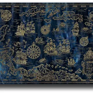 Rabatter Canvastavla 70x100 cm - Detaljerad karta över Karibiska havet med segelbåtar och kompasser i guldmotiv Mörkblå / Guld - Inredning