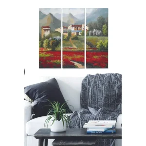 I lager Canvastavla i trä 3-delar 50x70 cm - Lummig landskapsvy med blommor och hus i fjärran Röd / Grön / Beige - Inredning