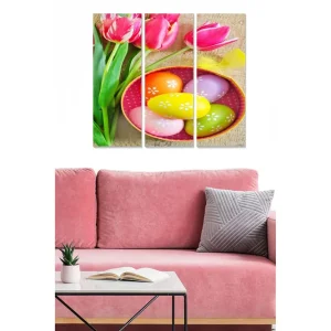 I lager Canvastavla i trä 3-delar 50x70 cm - Färgglad samling av påskägg och tulpaner Rosa / Gul / Grön - Inredning