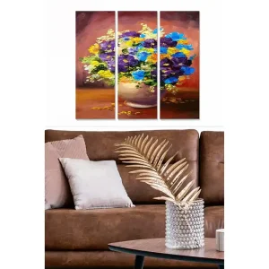 Canvastavla i trä 3-delar 50x70 cm - Färgrik bukett av blommor i en vas Lila / Blå / Gul - Inredning Outlet