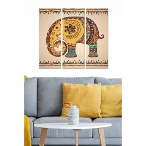 Canvastavla i trä 3-delar 50x70 cm - Mönstrad elefant i livfulla färger Gul / Röd / Grön - Inredning Billig