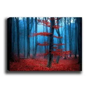 Kampanjpris Canvastavla 70x100 cm - Mystisk skog med ett ensamt rött träd i en dimmig omgivning Röd / Blå - Inredning
