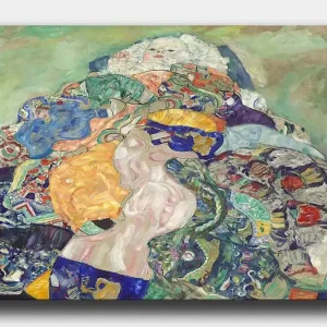Canvastavla 70x100 cm - Abstrakt komposition med en liggande figur omgiven av färgglada mönster och former Blå / Orange / Grön - Inredning Begränsat antal