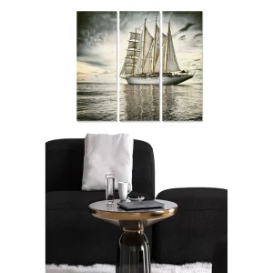 Snabb frakt Canvastavla i trä 3-delar 50x70 cm - Segelbåt på spegelblanka vattenytor under en dramatisk himmel Grå / Vit / Beige - Inredning