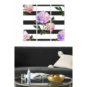 Canvastavla i trä 3-delar 50x70 cm - Färgglada pioner mot en randig bakgrund Rosa / Lila / Grön - Inredning Snabb frakt