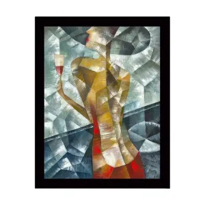 Inramad Canvastavla i trä - 41x56 cm - Stiliserad kvinna med ett glas i handen Guld / Röd / Grönblå - Inredning Begränsat antal