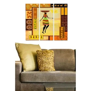 Beställ nu Canvastavla i trä 3-delar 50x70 cm - Färgglad kvinna med traditionell klädsel och en korg på huvudet Orange / Brun / Gul - Inredning