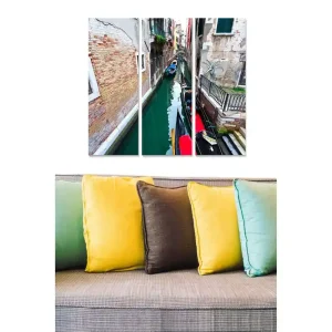 Lågt pris Canvastavla i trä 3-delar 50x70 cm - Vacker kanal med gondoler och historiska byggnader i Venedig Grön / Röd / Beige - Inredning