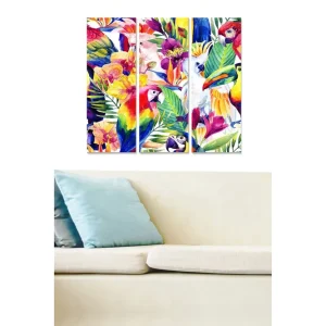 Billig Canvastavla i trä 3-delar 50x70 cm - Färgrik tropisk flora med fåglar Grön / Röd / Gul - Inredning