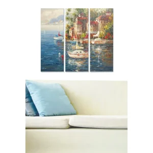 Kampanj Canvastavla i trä 3-delar 50x70 cm - Vacker hamn med segelbåtar och färgglada byggnader vid vattnet Blå / Grön / Röd - Inredning