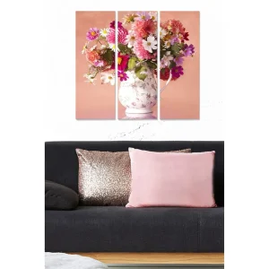 Canvastavla i trä 3-delar 50x70 cm - Färgrik bukett av blommor i en vacker vas Rosa / Grön / Vit - Inredning Kundfavorit