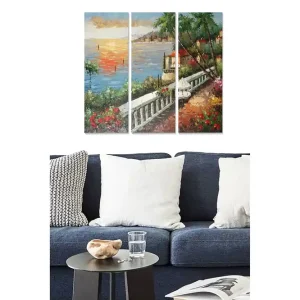 Bästa pris Canvastavla i trä 3-delar 50x70 cm - Vacker kustlandskap med solnedgång och blommor längs en promenad Blå / Grön / Röd - Inredning