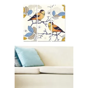 Canvastavla i trä 3-delar 50x70 cm - Färgglada fåglar på en gren omgivna av blad Blå / Gul / Grön - Inredning Trygg betalning