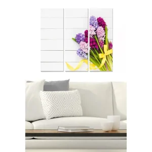 Canvastavla i trä 3-delar 50x70 cm - Färgrik bukett av hyacinter med ett gult band Lila / Rosa / Grön - Inredning Populärt val
