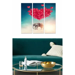 Canvastavla i trä 3-delar 50x70 cm - Elefant som svävar med hjärtformade ballonger Röd / Blå / Beige - Inredning Nedsatt pris