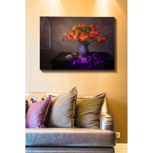 Canvastavla 70x100 cm - Vacker bukett med orange gladiolus i en lila vas Orange / Lila - Inredning Säker betalning