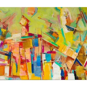 Begränsat antal Canvastavla 70x100 cm - Abstrakt komposition med färgglada former och linjer som skapar en dynamisk känsla Gul / Rosa / Blå - Inredning