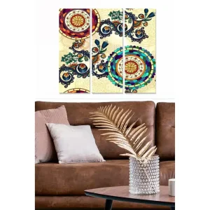 Billig Canvastavla i trä 3-delar 50x70 cm - Färgglad abstrakt komposition med cirkulära mönster och detaljerade ornament Mörkblå / Röd / Grön - Inredning