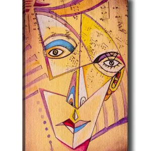Canvastavla 70x100 cm - Abstrakt ansikte med geometriska former och starka färger Gul / Blå / Rosa - Inredning Erbjudande