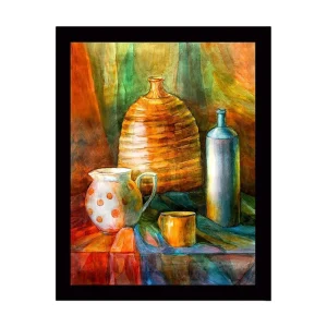 Inramad Canvastavla i trä - 41x56 cm - Stilleben med keramik och glasflaskor Orange / Grön / Blå - Inredning Rabatter