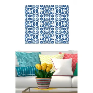 I lager Canvastavla i trä 3-delar 50x70 cm - Mönstrad väggkonst med blåa blommor och geometriska former Blå / Vit - Inredning