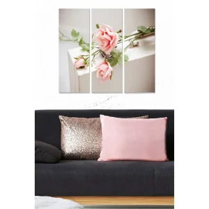 Utförsäljning Canvastavla i trä 3-delar 50x70 cm - Rosa rosor på en ljus bakgrund Rosa / Grön / Vit - Inredning
