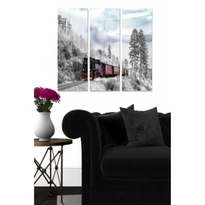 Beställ nu Canvastavla i trä 3-delar 50x70 cm - Ångtåg som passerar genom en vintrig skogsmiljö Svart / Röd / Grå - Inredning