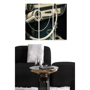 Sänkt pris Canvastavla i trä 3-delar 50x70 cm - Retro bilinteriör med fokus på ratt och instrumentpanel Silver / Svart / Grå - Inredning
