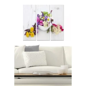 Canvastavla i trä 3-delar 50x70 cm - Färgrik bukett av blommor i en vit skål Gult / Lila / Rosa - Inredning I lager