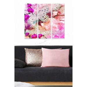 Canvastavla i trä 3-delar 50x70 cm - Färgglad fjäril omgiven av orkidéer och abstrakta former Lila / Rosa / Vit - Inredning Utförsäljning