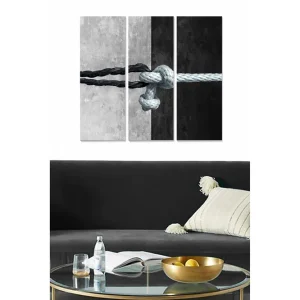 Canvastavla i trä 3-delar 50x70 cm - Knut av rep i kontrasterande svart och vitt Svart / Vitt / Grått - Inredning risnedsättning
