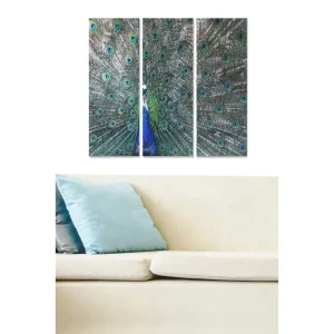 Canvastavla i trä 3-delar 50x70 cm - Praktfull påfågelsfjäder med iriserande ögonmönster Grön / Blå / Svart - Inredning Fynd