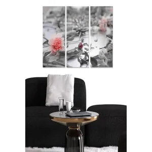 Canvastavla i trä 3-delar 50x70 cm - Rosa blomma i en svartvit komposition Rosa / Grå / Vit - Inredning Reapris