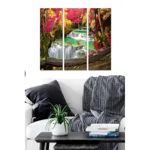 Canvastavla i trä 3-delar 50x70 cm - Vacker vattenfall omgiven av färgglada höstträd Grön / Röd / Gul - Inredning Beställ nu