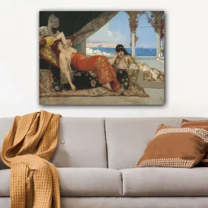 Trygg betalning Canvastavla 70x100 cm - Drömlik scen med två kvinnor i orientaliska kläder som vilar i en lyxig miljö, medan en man spelar ett stränginstrument Röd / Svart / Beige - Inredning