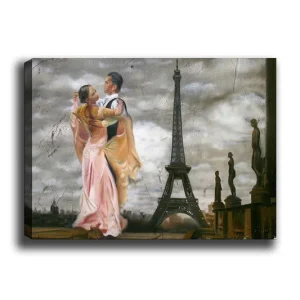 Populärt val Canvastavla 70x100 cm - Romantisk dans mellan ett par framför Eiffeltornet i Paris Rosa / Svart / Beige - Inredning
