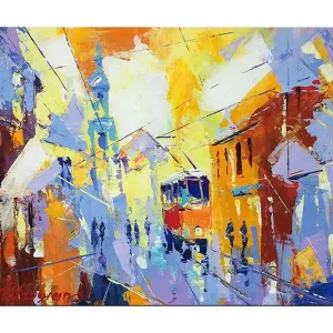 Canvastavla 70x100 cm - Livlig stadsbild med en spårvagn som rör sig genom en färgglad gata Gul / Blå / Orange - Inredning Fri frakt