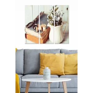 Begränsad tid Canvastavla i trä 3-delar 50x70 cm - Vintage stilleben med böcker och blommor i en kanna Beige / Brun / Grön - Inredning