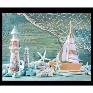 Premium Inramad Canvastavla i trä - 41x56 cm - Maritim scen med segelbåt och fyrar Turkos / Vit / Beige - Inredning