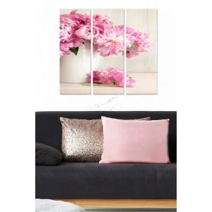 Bästa pris Canvastavla i trä 3-delar 50x70 cm - Färgrik bukett av pioner i en vit kruka Rosa / Grön / Vit - Inredning