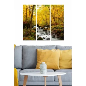 Canvastavla i trä 3-delar 50x70 cm - Vacker höstlandskap med gyllene träd och porlande bäck Guld / Grön / Brun - Inredning Erbjudande