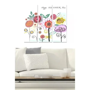 Canvastavla i trä 3-delar 50x70 cm - Färgglad bukett av blommor med lekfulla detaljer Rosa / Gul / Grön - Inredning Erbjudandepris