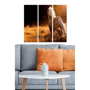 Canvastavla i trä 3-delar 50x70 cm - Vackert hästmotiv i gyllene ljus Guld / Brun - Inredning Reapris