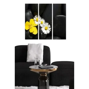 Canvastavla i trä 3-delar 50x70 cm - Gula och vita blommor på svarta stenar Gul / Vit / Svart - Inredning Sänkt pris