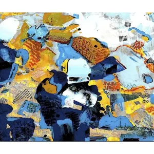 Premium Canvastavla 70x100 cm - Abstrakt komposition med dynamiska former och färger som skapar en livlig känsla Mörkblå / Ljusblå / Gul - Inredning