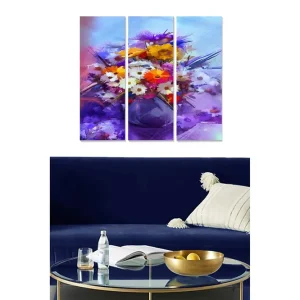 Canvastavla i trä 3-delar 50x70 cm - Färgrik bukett av blommor i en vas Lila / Gult / Vitt - Inredning Extra rabatt