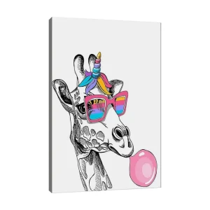 Canvastavla 70x100 cm - Giraff med solglasögon som blåser bubblor Rosa / Blå / Lila - Inredning Premium