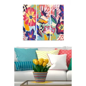 Canvastavla i trä 3-delar 50x70 cm - Färgrik blomsterkomposition med stora blommor och bladverk Rosa / Blå / Gul - Inredning Sänkt pris