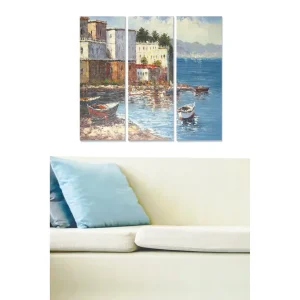 Canvastavla i trä 3-delar 50x70 cm - Vacker kustlandskap med båtar vid en färgglad hamn Blå / Vit / Brun - Inredning risnedsättning